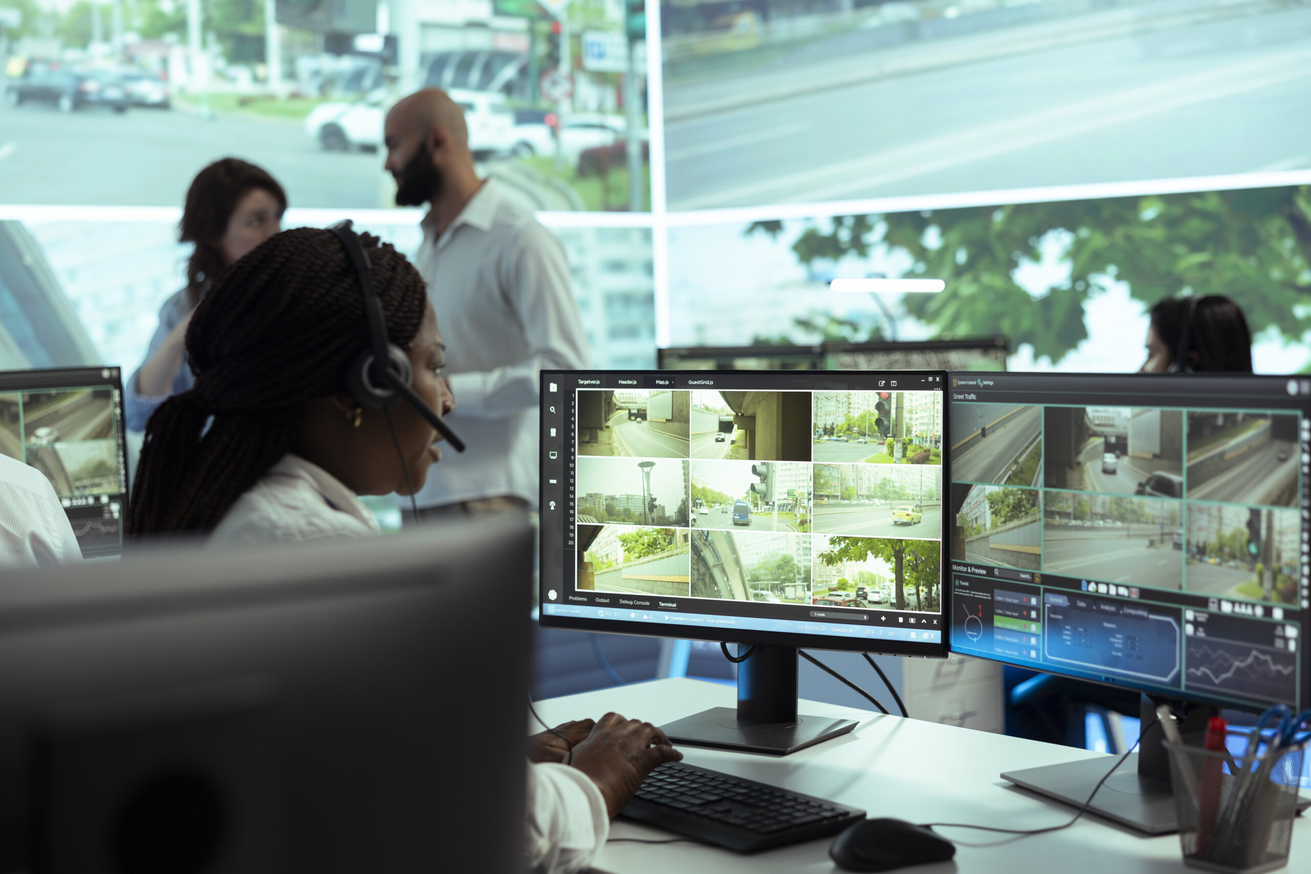 Black dispatch operator with headset viewing double screens with multiple camera views of streets