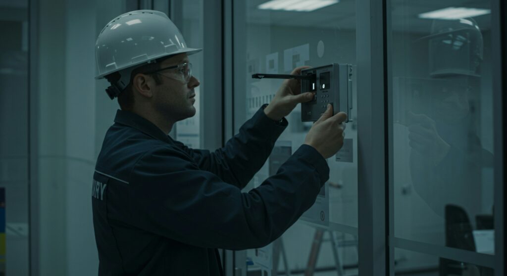 Close up of worker in navy jacket and white hard hat installing an alarm system onto a glass surface in an office environment